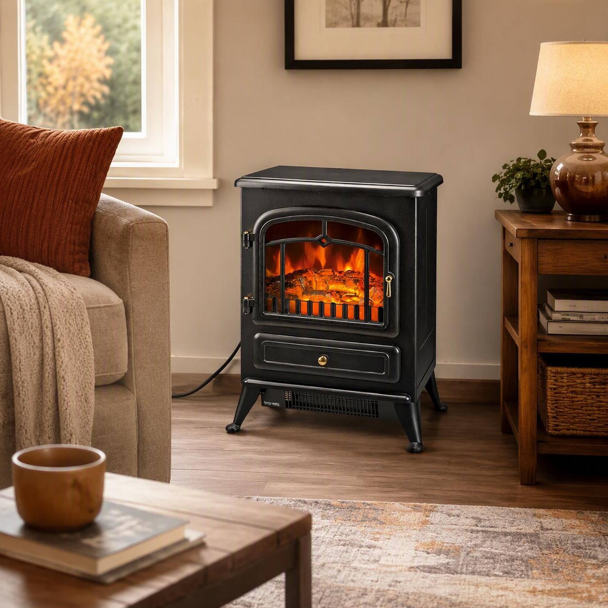 Angle. RYHNUYNE - Freestanding Electric Fireplace Stove Heater, Realistic Flame Effect For Cozy Living Room Bedroom Home Warmth - Black.