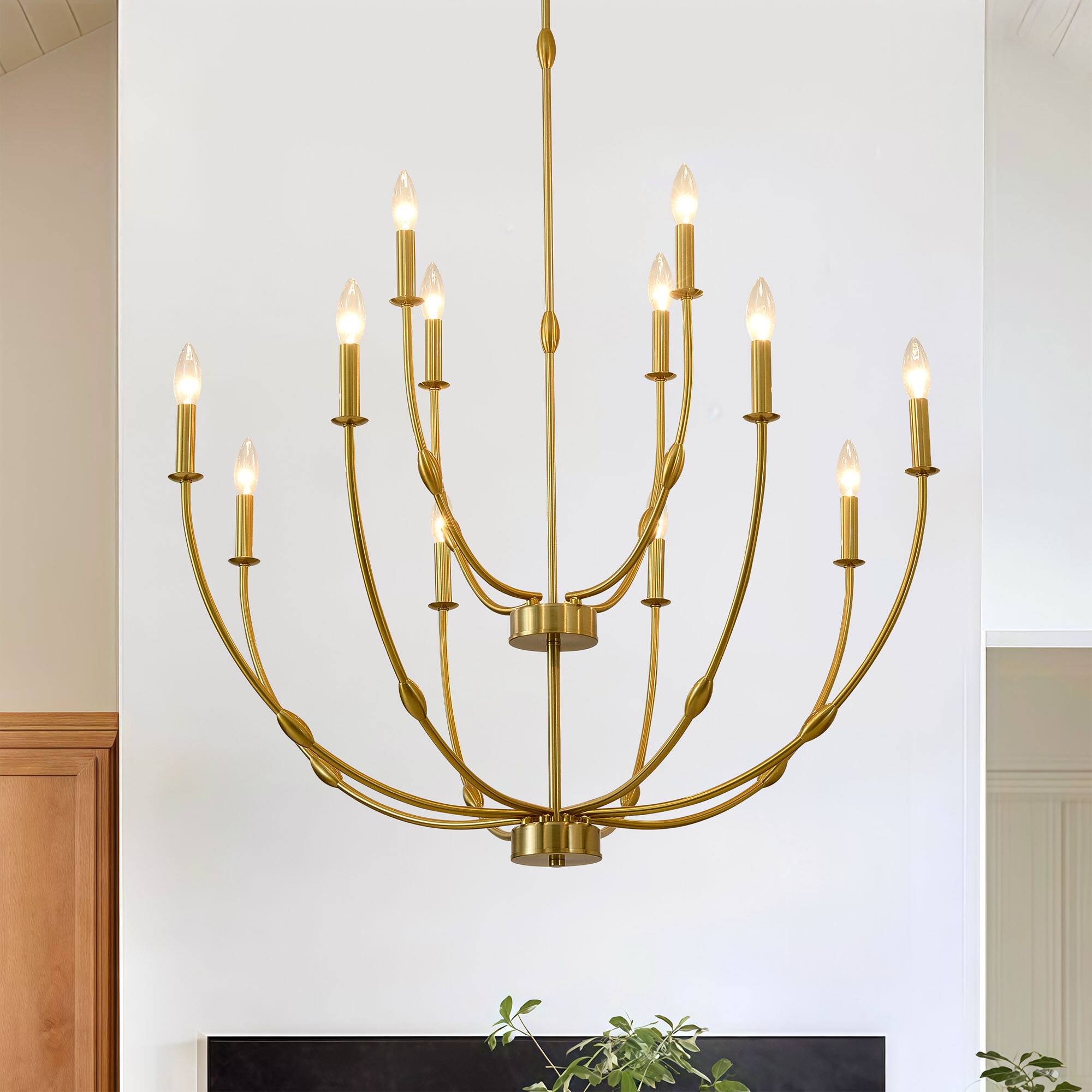 Front. RYHNUYNE - 12-Light Gold Chandelier,2-Tier Rustic Candle Chandelier Light Fixture,High Ceiling Chandelier for Entryway Living Room - Gold.