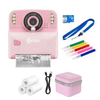The image features a pink Contixo camera with a 16x zoom lens, along with a 32GB memory card. The camera is accompanied by a pink case, a blue strap, and a set of colored pens. The camera is designed to take high-quality photos and is equipped with a powerful zoom lens for capturing distant subjects. The memory card provides ample storage for photos and videos, while the pink case and blue strap offer protection and convenience for the user. The colored pens can be used for various purposes, such as marking important details or adding creative elements to the photos.