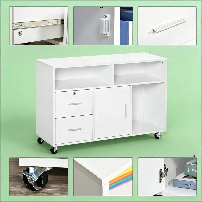 Back. HTUTWOO - Mobile File Cabinet,Printer Stand Unit,Storage Cabinet with Lockable Drawers and 3 Shelves,Rolling Organizer with Wheels - White.