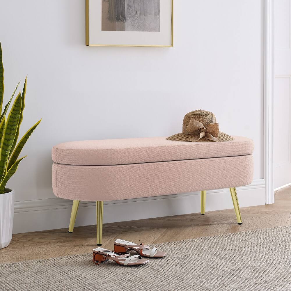 Alt View 1. Ropilly - Ropilly Pink Oval Storage Bench Flannel Upholstered Ottoman with Metal Legs - Pink.
