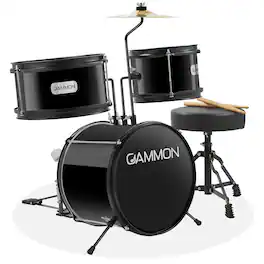 Gammon Percussion - 3pc Junior Drum Set - Beginner Kit with Throne - Cymbal - Drumsticks - Black