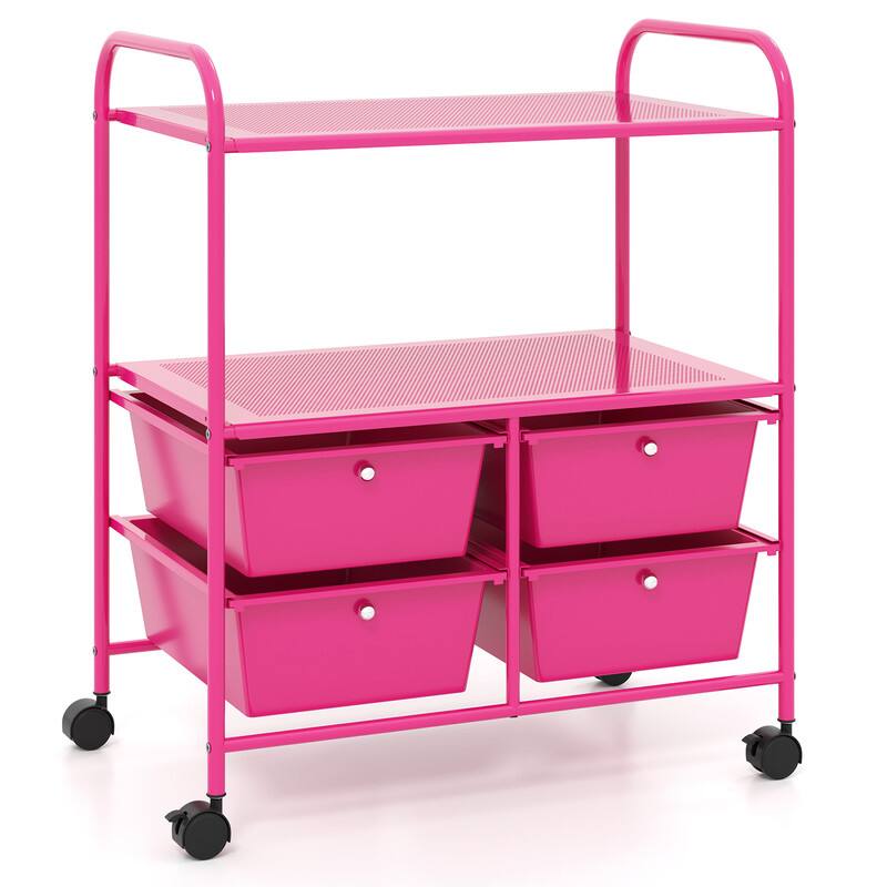 Front. WELLFOR - 4 Drawers Rolling Storage Cart Rack with 2 Shelves Storage, Mobile Utility Organizer for Art & Craft Storage - Hot Pink.