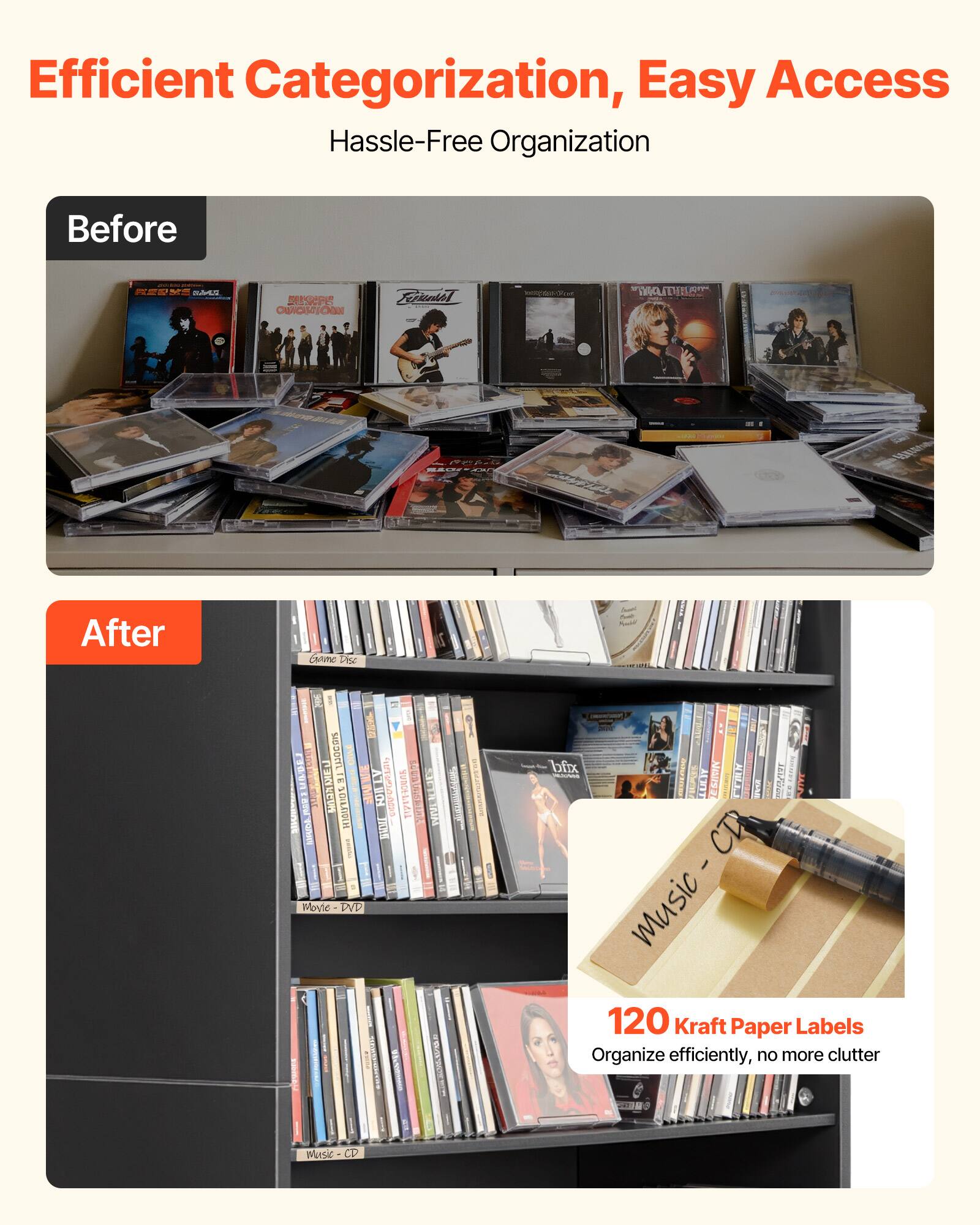 Efficient Categorization, Easy Access  
Hassle-Free Organization

Before

After

120 Kraft Paper Labels  
Organize efficiently, no more clutter
