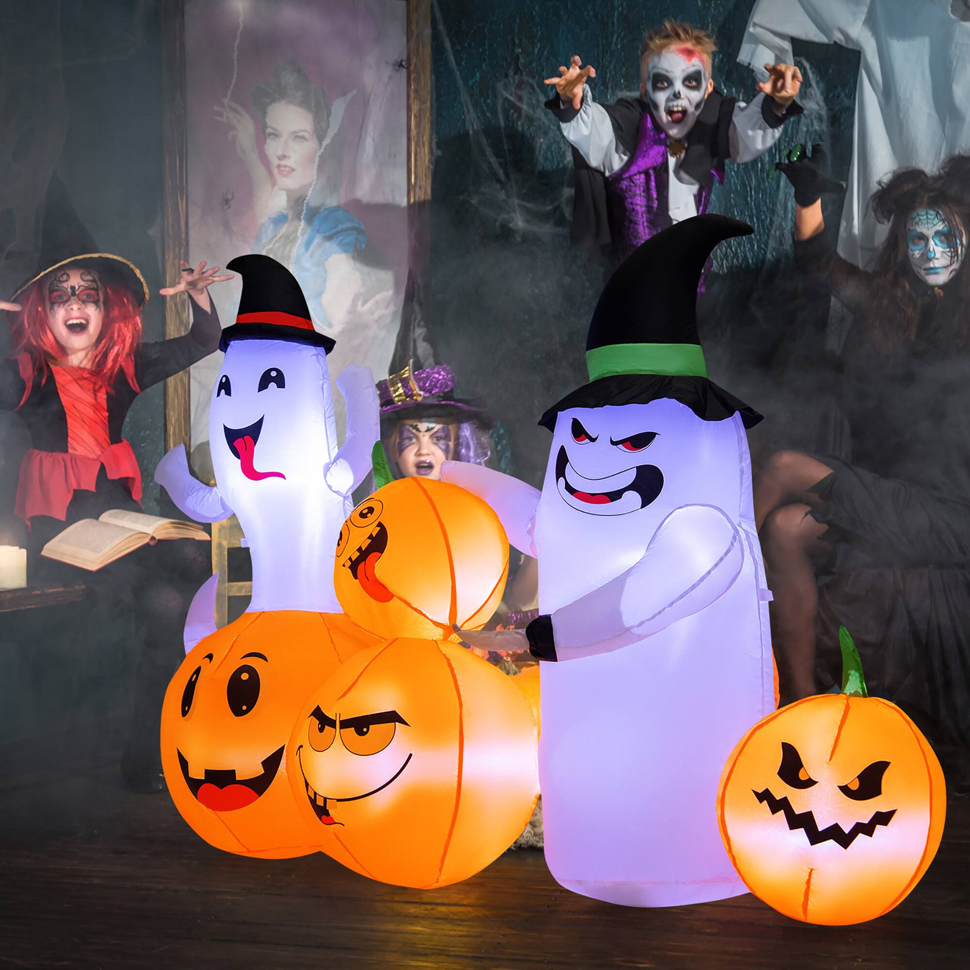 Alt View 17. Costway - 6 FT Long Halloween Inflatable Decor 4 Pumpkins & Ghosts w/ Built-in LED Lights - Orange/Purple.
