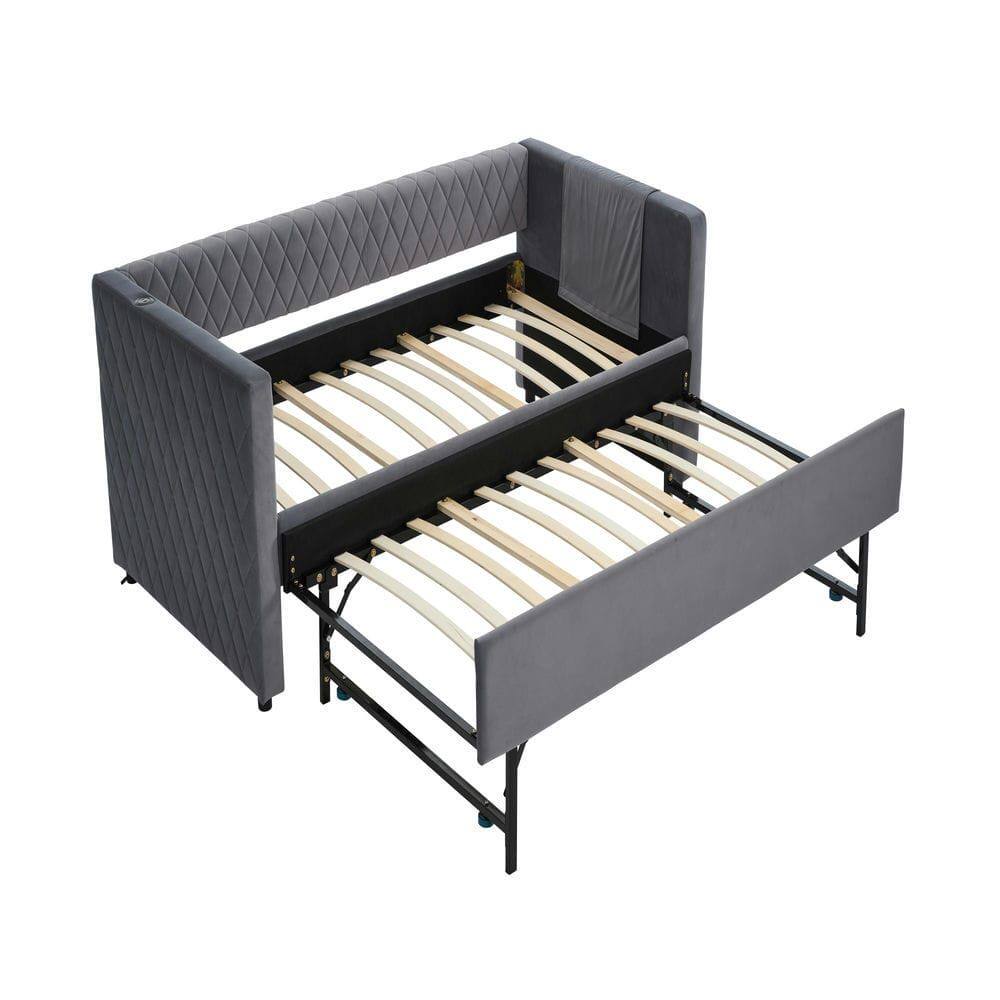 Angle. Kadyn - Velvet Daybed with Sturdy Wood Frame, Modern Diamond Grid Pull-Out Design for Bedroom Living Room - Gray.