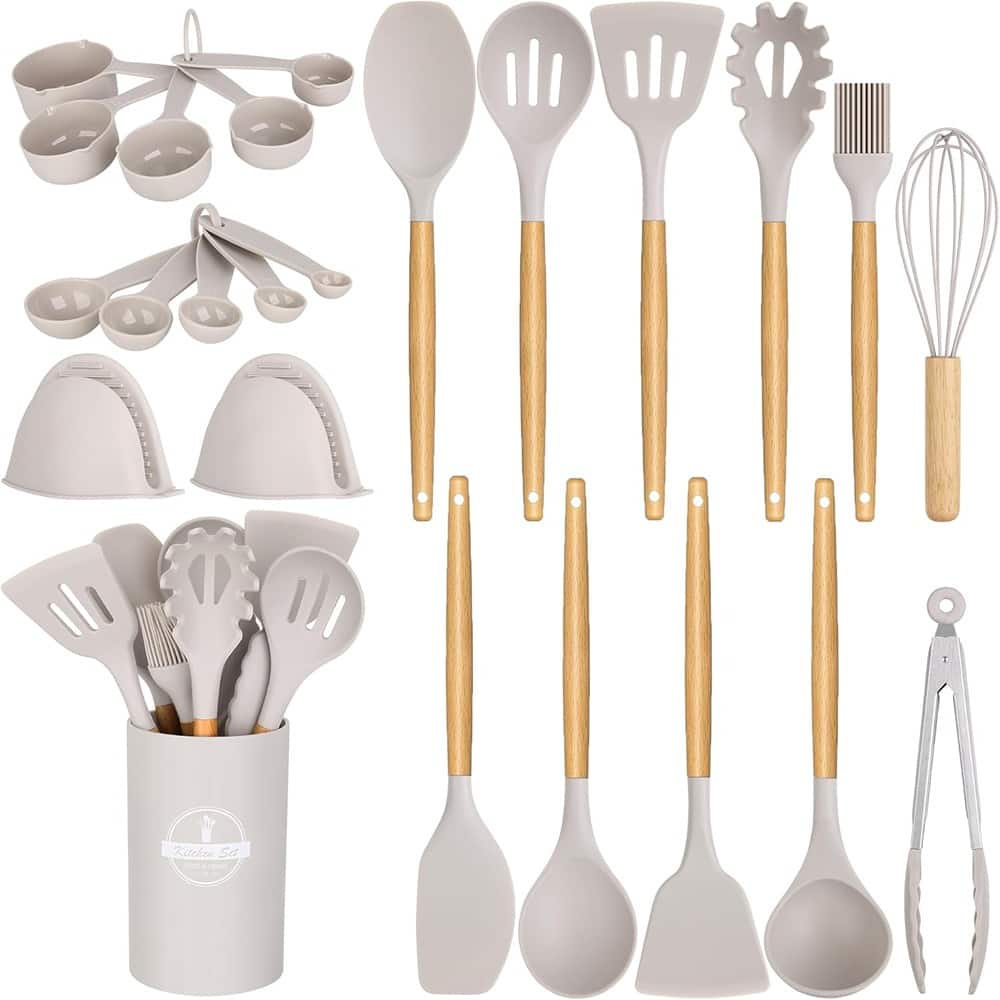 RTMB - 24 pieces of non-stick silicone kitchen utensils with wooden handles - White