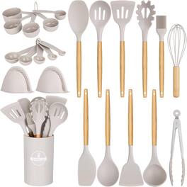 RTMB - 24 pieces of non-stick silicone kitchen utensils with wooden handles - White