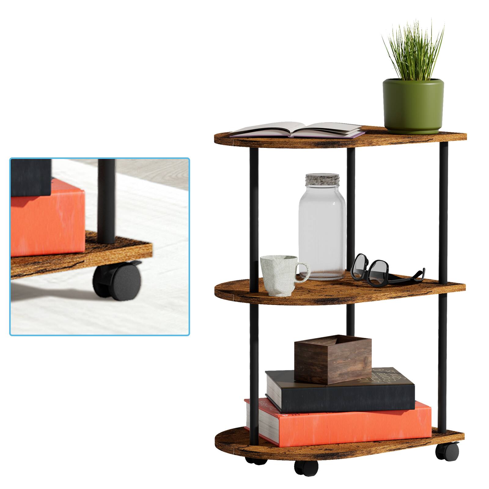 Left. Oumilen - Rustic Brown 3-Tier Rolling End Table, Corner Nightstand with Wheels - Rustic Brown.