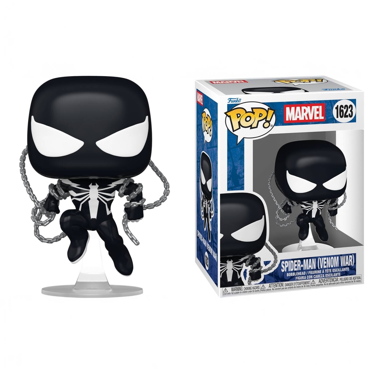 MARVEL  
POP! Funko  
Funko MARVEL 1623 $ POP!  
SPIDER-MAN (VENOM WAR) FIGURINE À TÊTE OSCILLANTE BOBBLEHEAD CABEZA OSCILANTE FIGURA CON CABEZA OSCILANTE  
ADVERTENCIA: PELIGRO 0 MEAS TOUFFEMENT, A aboach para ate 4 ATTENTION DANGER it molt, Ports parks HAZARD  
8th di nois A SMMPAN CHOKING pices. in content or 8 noth, Potas at whis 30 player