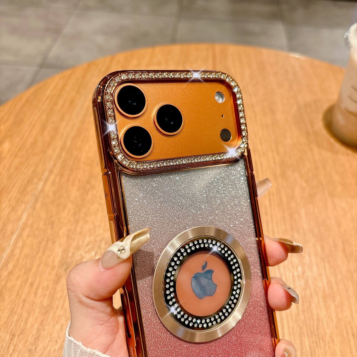 Alt View 3. Dteck - Glitter Gradient Phone Case for Apple iPhone 17 Pro with Diamond Camera Bezel, Magnetic Slim Shockproof Protective Cover - Orange.