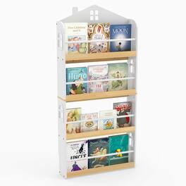 Costway - 4-Tier House-Shaped Kids Bookshelf with Anti-falling Baffles Metal Bars for Nursery - White,Natural