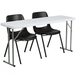 Emma + Oliver - 5-Foot Plastic Folding Training Table Set with 2 Plastic Stack Chairs - Black