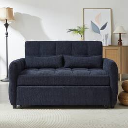 LUCKY ONE - 52.8" Pull-Out Tufted Loveseat Sleeper Sofa Bed w/ Adjustable Backrest 3 USB Ports - Blue