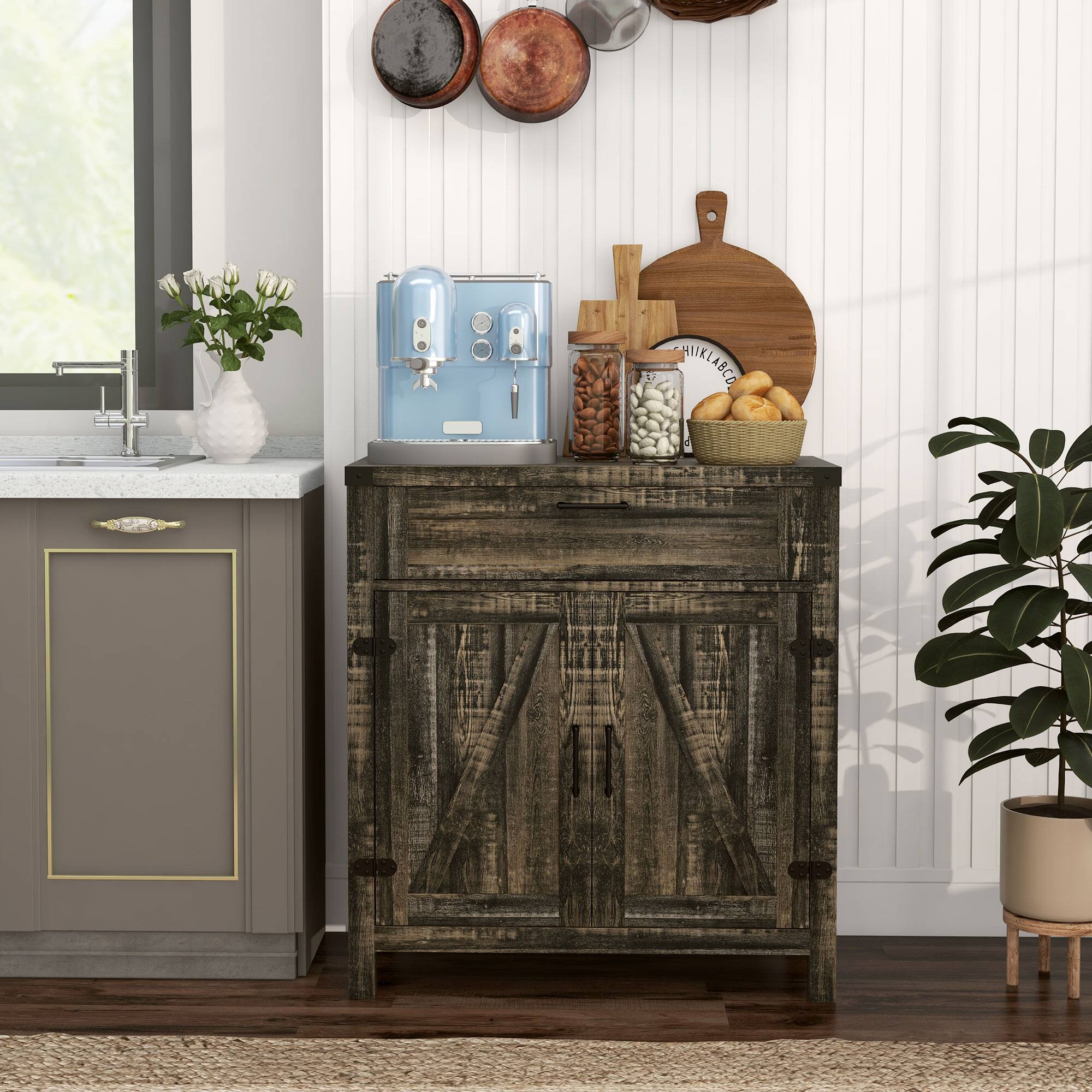 Alt View 1. Homcom - Sideboard with Storage Drawer, Modern Farmhouse Kitchen Cabinet with 2 Barn Doors, Coffee Bar Cabinet - Dark Oak.