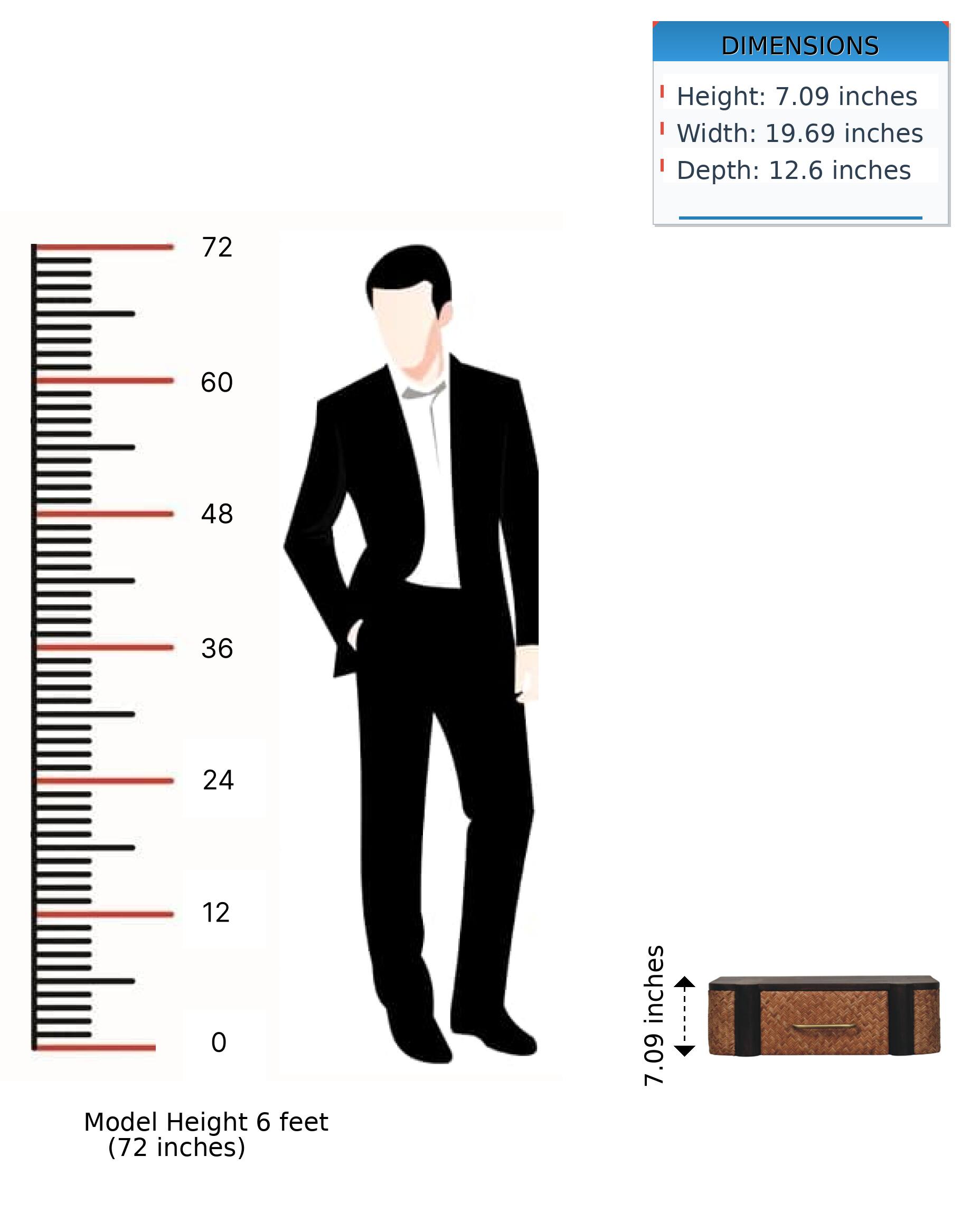 DIMENSIONS  
Height: 7.09 inches  
Width: 19.69 inches  
Depth: 12.6 inches  

Model Height 6 feet (72 inches)