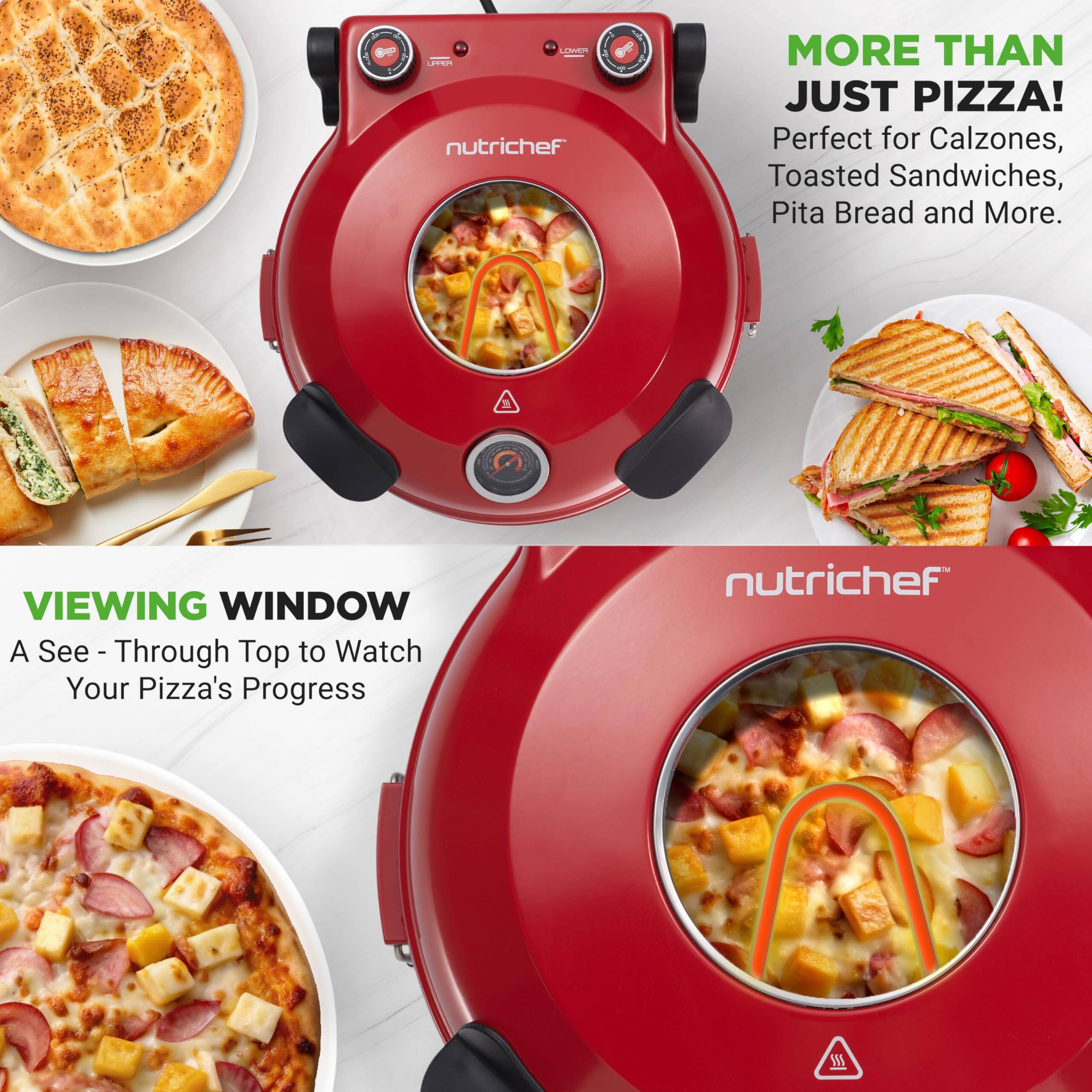 **AONIL nutrichef**

**MORE THAN JUST PIZZA!**  
Perfect for Calzones, Toasted Sandwiches, Pita Bread and More.

**VIEWING WINDOW**  
A See-Through Top to Watch Your Pizza's Progress

**nutrichef**