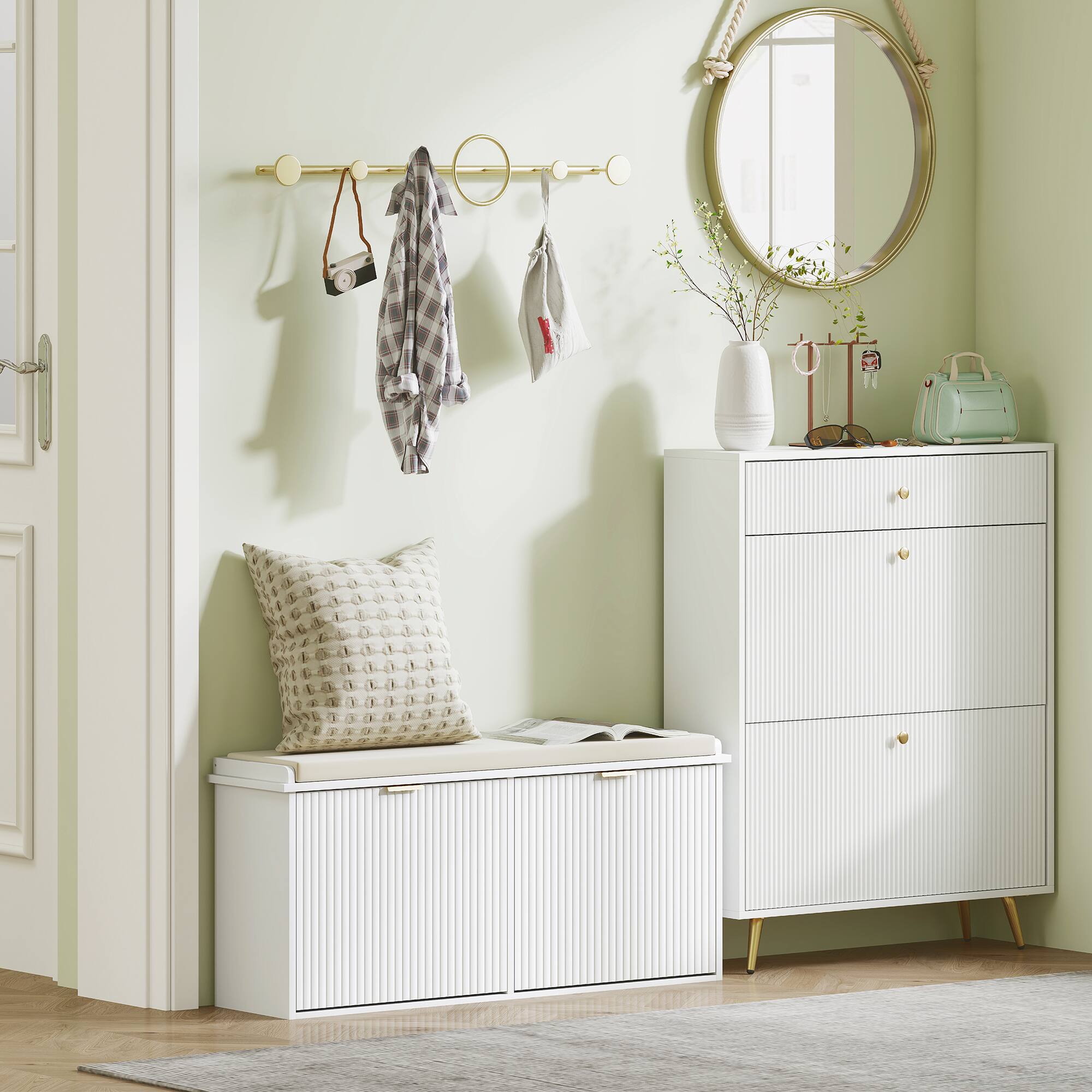 Alt View 7. Homcom - Storage Bench with Padded Seat Cushion and Flip-Drawer, Entryway Bench, Shoe Cabinet - White.