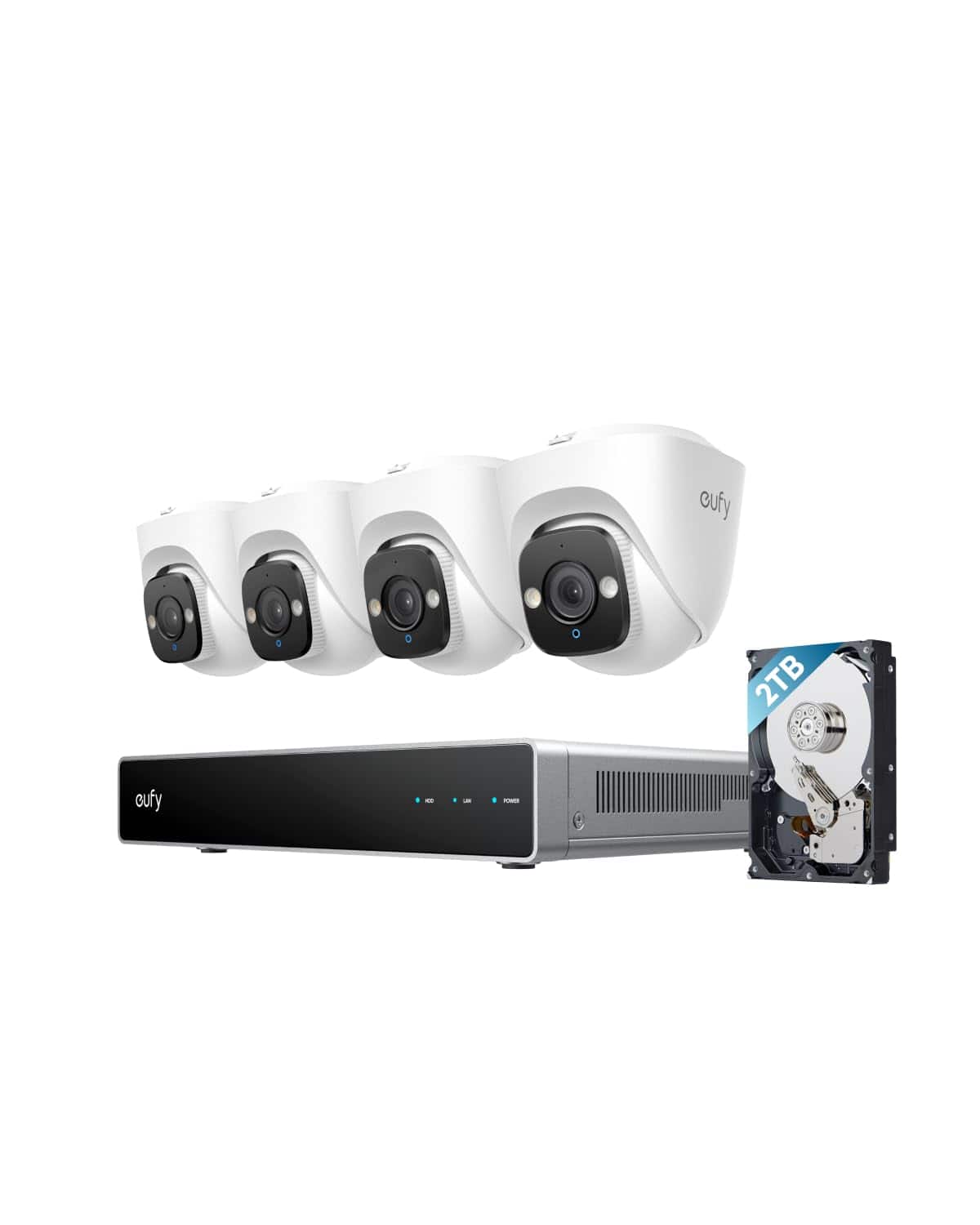 eufy - PoE NVR E41, 4×4K Turret Cams, 24/7 Recording, Up to 16CH, 2TB HDD, 122° FOV, Color Night Vision, AI Detection, Strobe - white + black + silver