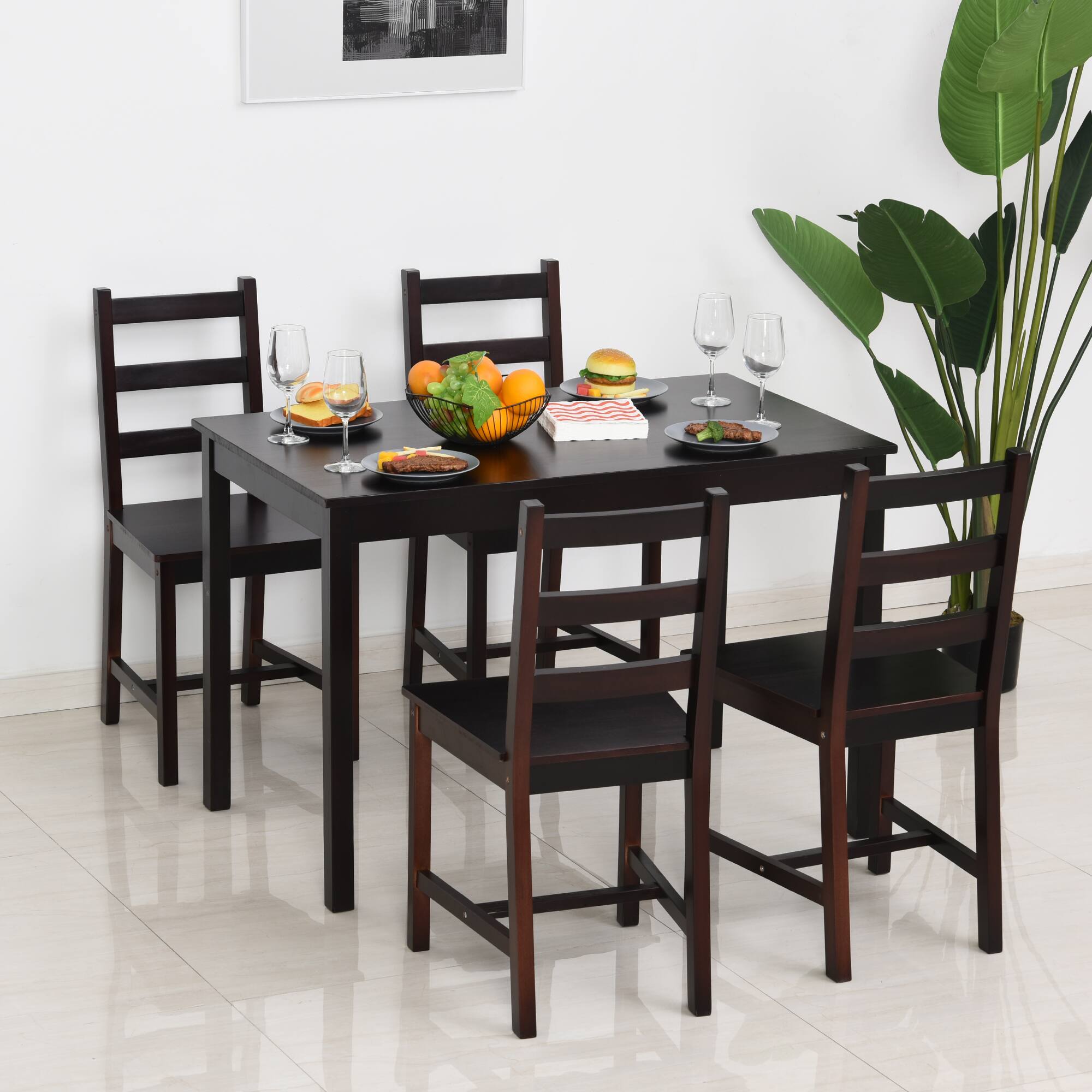 Angle. Homcom - Dining Table Set for 4, 5 Piece Modern Kitchen Table and Chairs, Wood Dining Room Set for Small Spaces - Black, Brown.