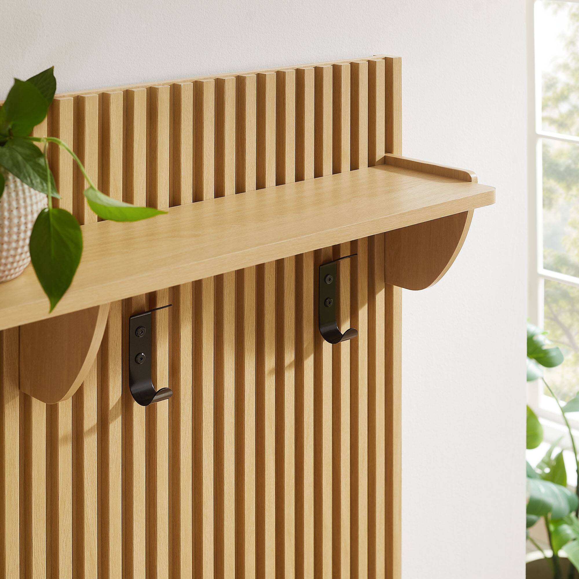 Alt View 1. Modway - Render Fluted Coat Rack Panel With Shelf by Modway - Light Oak.
