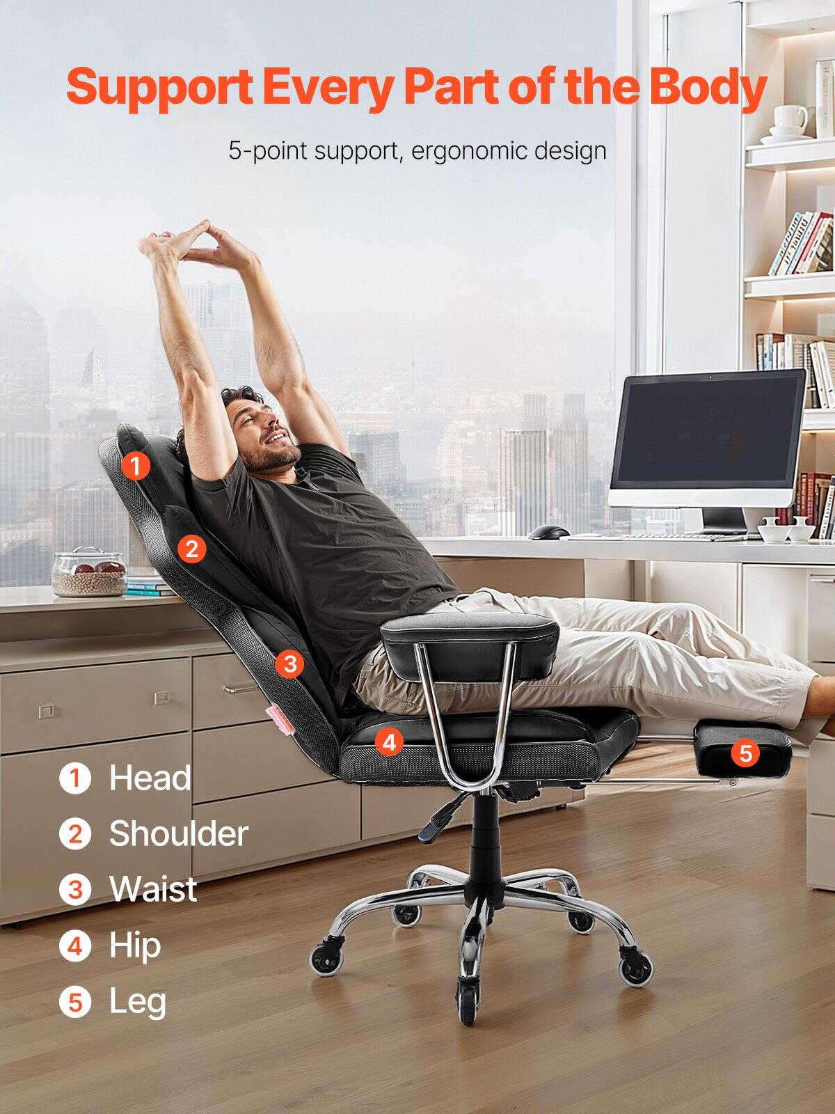 Support Every Part of the Body  
5-point support, ergonomic design  

1. Head  
2. Shoulder  
3. Waist  
4. Hip  
5. Leg