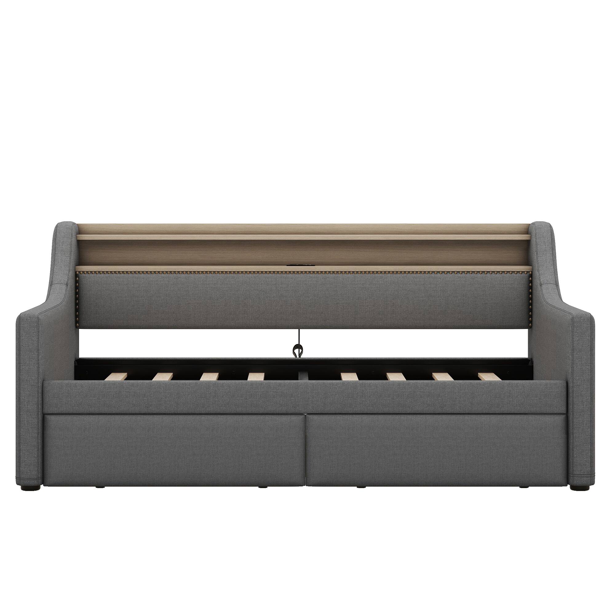 Back. PexFix - Twin Daybed with Storage Drawers, LED Lights & Charging Station, Upholstered Bed for Guest Room - Gray.