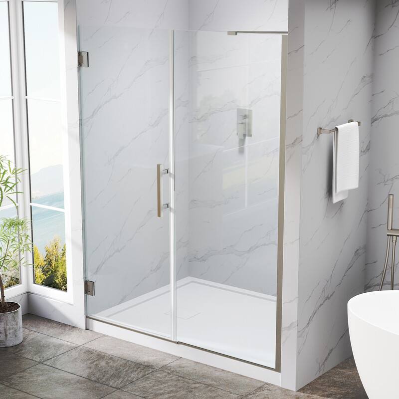 Left. WELLFOR - 57–58 in. W x 72 in. H Frameless Hinged Shower Door with 3/8" Clear Tempered Glass, Reversible Opening - Brushed Nickel.