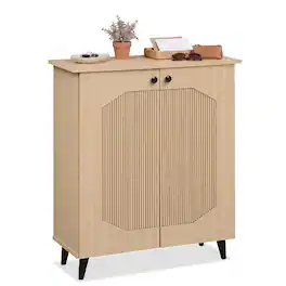 Costway - Geometric Cabinet with 2 Doors, Freestanding Footwear Storage Unit for Entryway - 2-Door-Octagonal Fluting Natural
