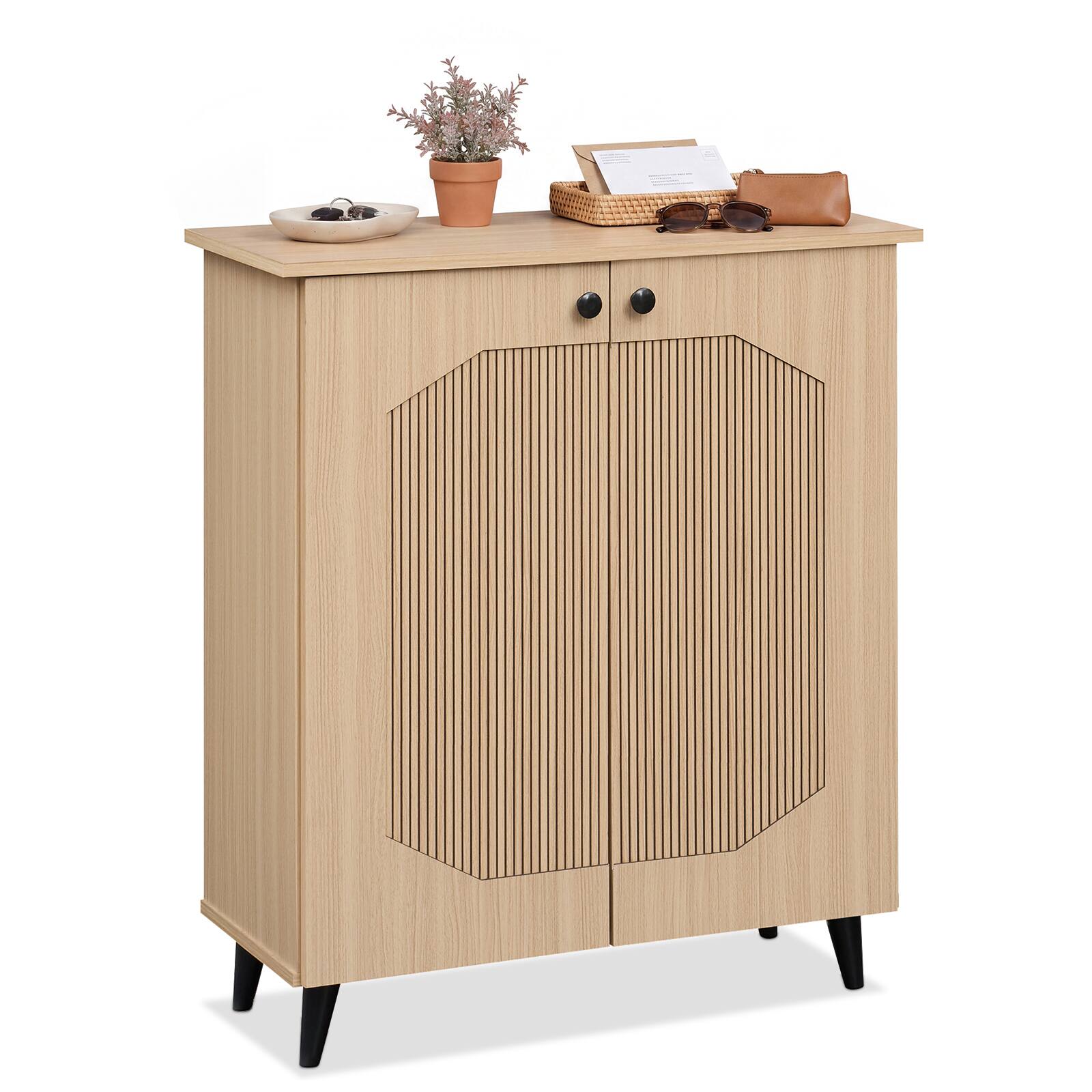 Front. Costway - Costway Geometric Cabinet with 2 Doors, Freestanding Footwear Storage Unit for Entryway - 2-Door-Octagonal Fluting Natural.