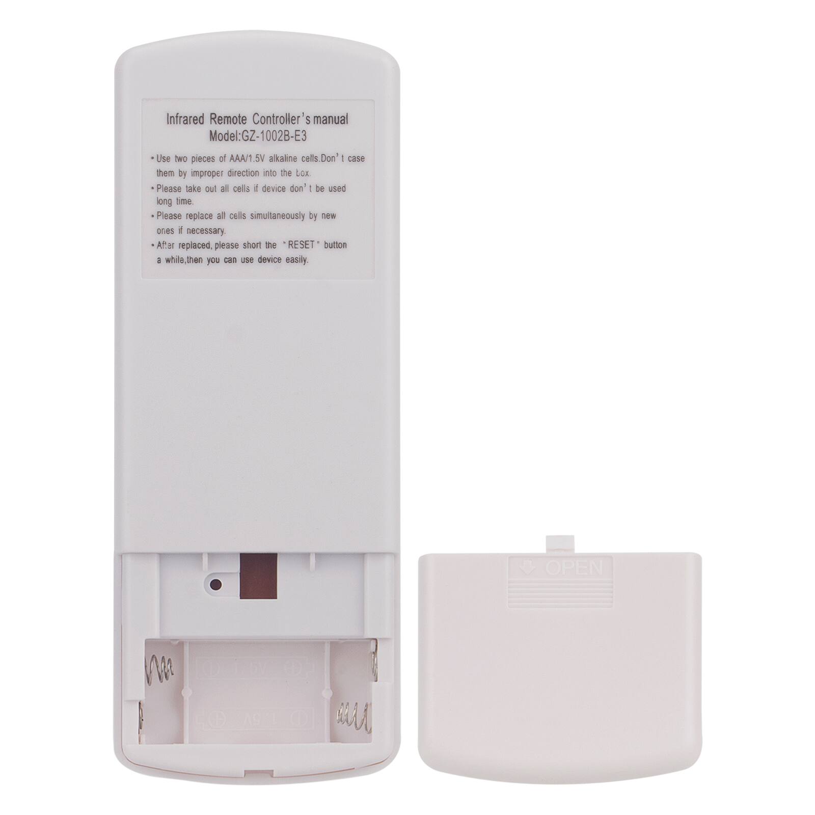 Infrared Remote Controller's manual  
Model: GZ-1002B-E3  

- Use two pieces of AAA/1.5V alkaline cells. Don't case them by improper direction into the lox.  
- Please take out all cells if device don't be used long time.  
- Please replace all cells simultaneously by new ones if necessary.  
- After replaced, please short the "RESET" button a while, then you can use device easily.  

OPEN
