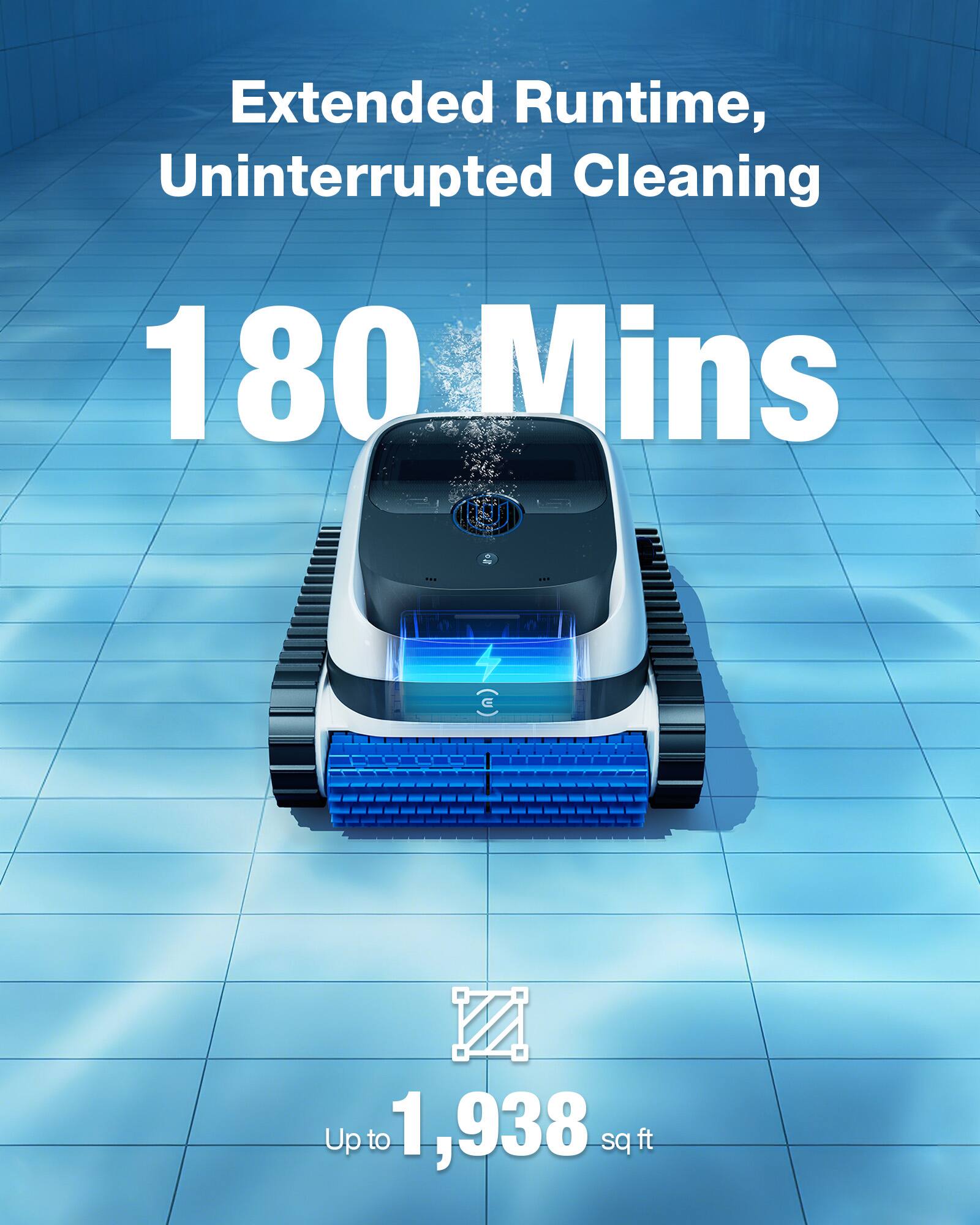 Extended Runtime, Uninterrupted Cleaning  
180 Mins  
Up to 1,938 sq ft