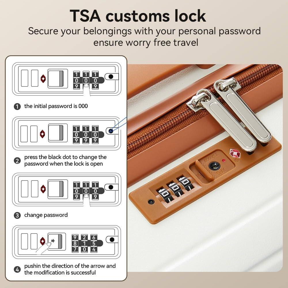 TSA customs lock  
Secure your belongings with your personal password ensure worry free travel  

1. The initial password is 000  
2. Press the black dot to change the password when the lock is open  
3. Change password  
4. Push in the direction of the arrow and the modification is successful