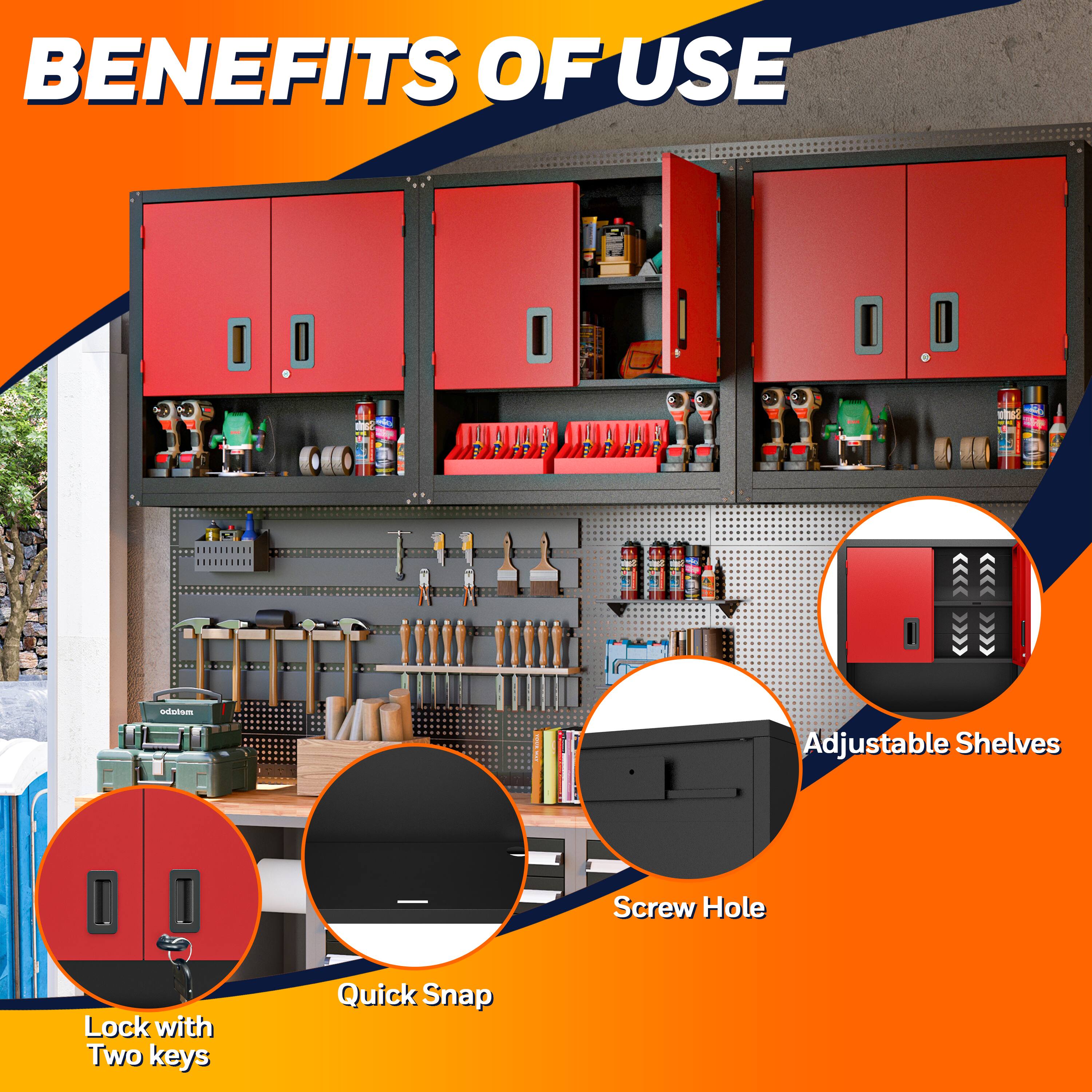 BENEFITS OF USE

- Adjustable Shelves
- Screw Hole
- Quick Snap
- Lock with Two keys