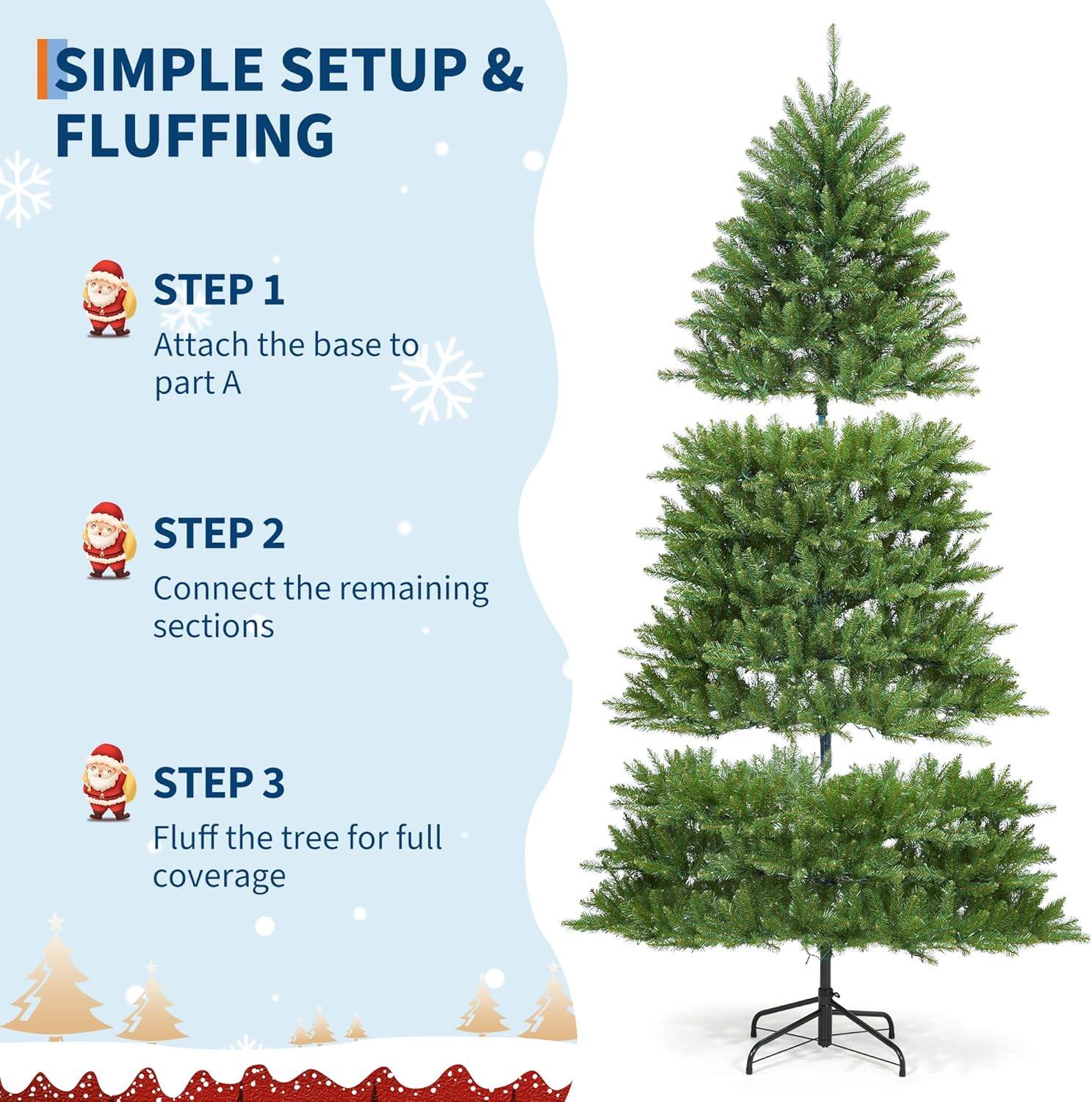 SIMPLE SETUP & FLUFFING

STEP 1
Attach the base to part A

STEP 2
Connect the remaining sections

STEP 3
Fluff the tree for full coverage