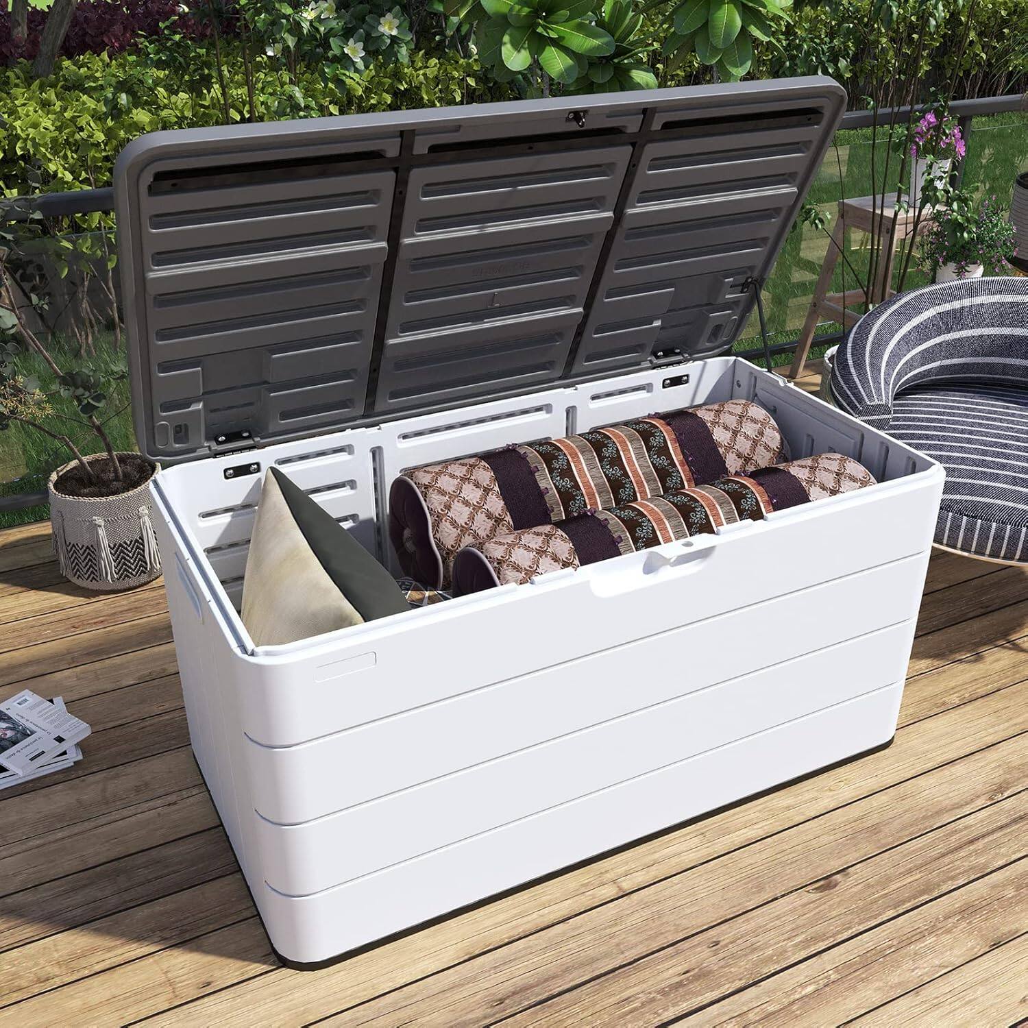 Alt View 4. Mondawe - 110 Gallons HDPE Hydraulic Lift Lockable Waterproof Outdoor Storage Box - White.