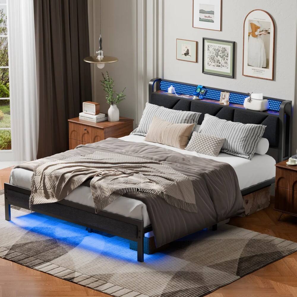 Angle. Furnulem - Queen Upholstered Bed Frame with LED Lights, Headboard with Charging Station - Brown.