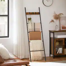 Songmics Home - Blanket Ladder, 5-Tier Ladder Shelf, Decorative Ladder with 4 Removable Hooks, Metal Frame, Industrial Style - Rustic Brown and Black