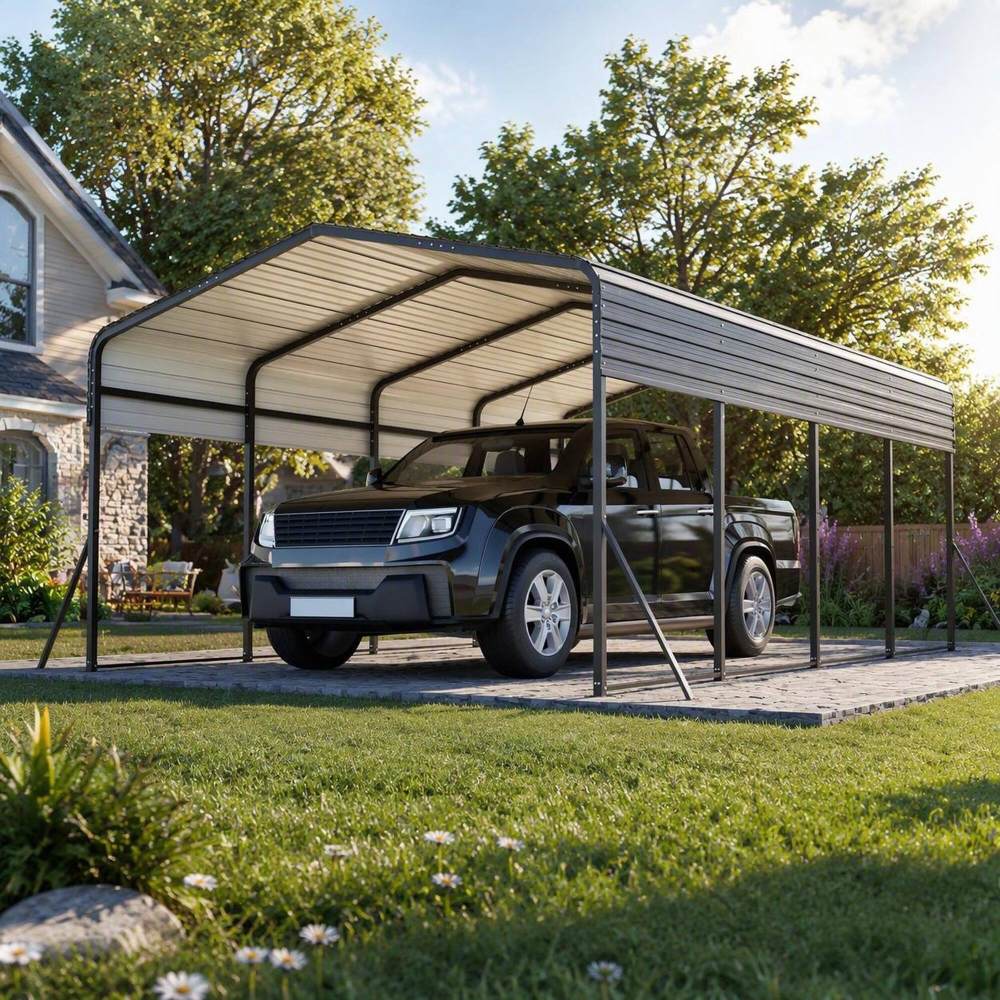 Angle. RYHNUYNE - 13x20 FT Metal Carport Reinforced Frame 4 Poles Steel Roof Shelter Car Truck Boat - Black.