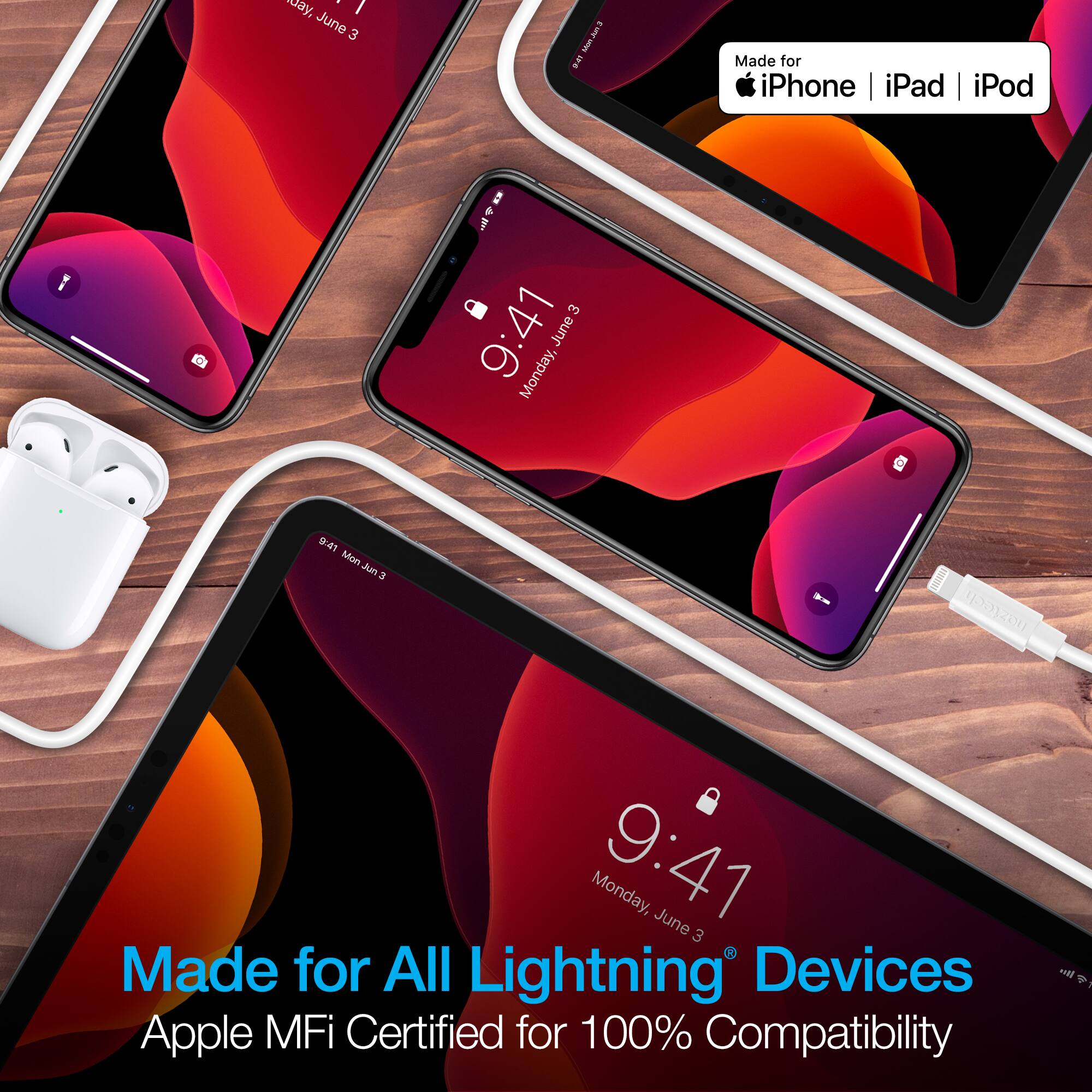 ay, / June 3 58 I  Made for iPhone iPad iPod I   3 9:41 June Monday, D 0.41 Mon nLL 3 rostn 20200 Monday, 9:41 June 3 Made for All Lightning Devices Apple MFi Certified for 100% Compatibility