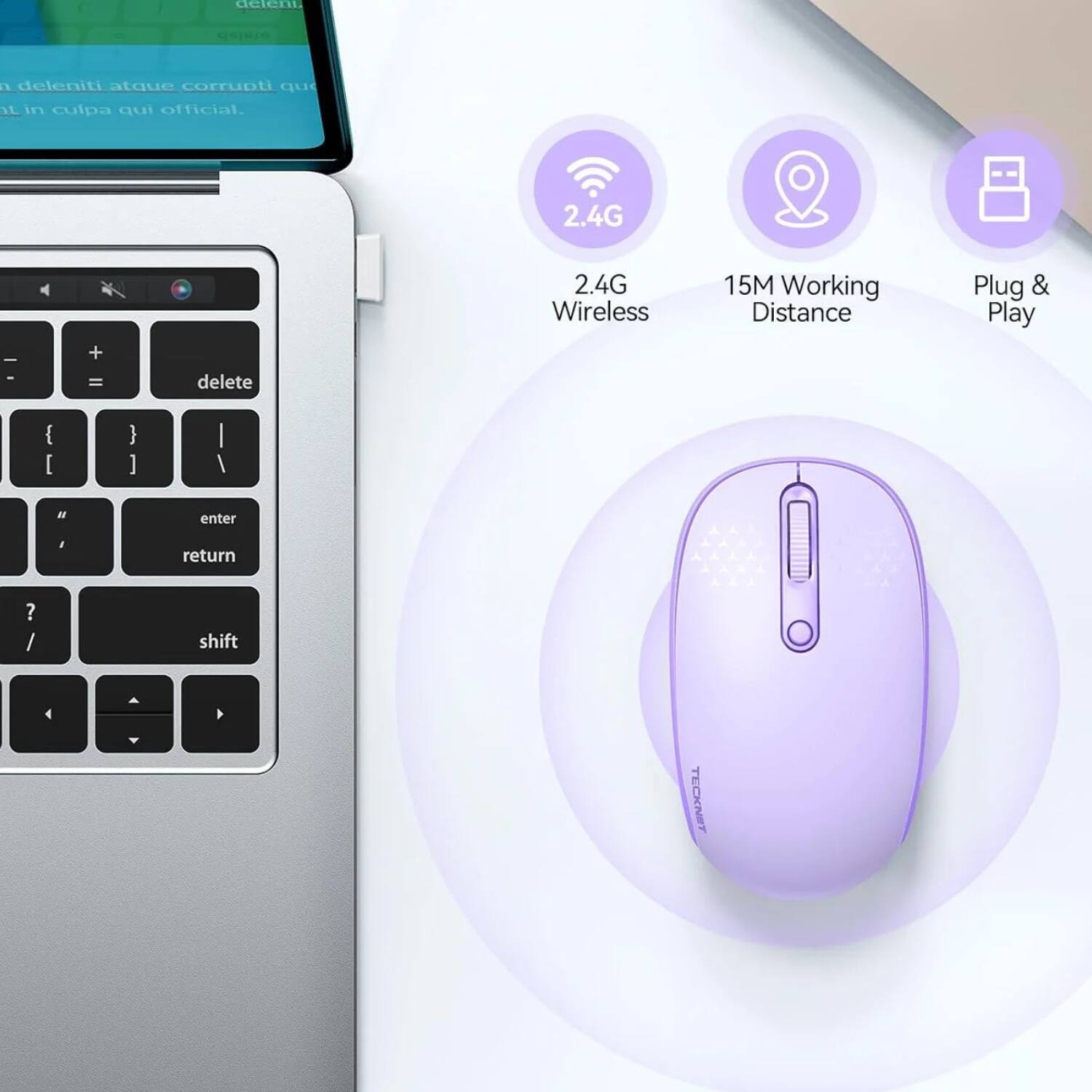 Sure, here is the corrected and grouped text from the image:

---

**TECKNET**

- **2.4G Wireless**
- **15M Working Distance**
- **Plug & Play**

---

**Keyboard:**

- delete
- return
- enter
- shift

---

**Text on Screen:**

- deleniti atque corrupti qu
- in culpa qui official.

---