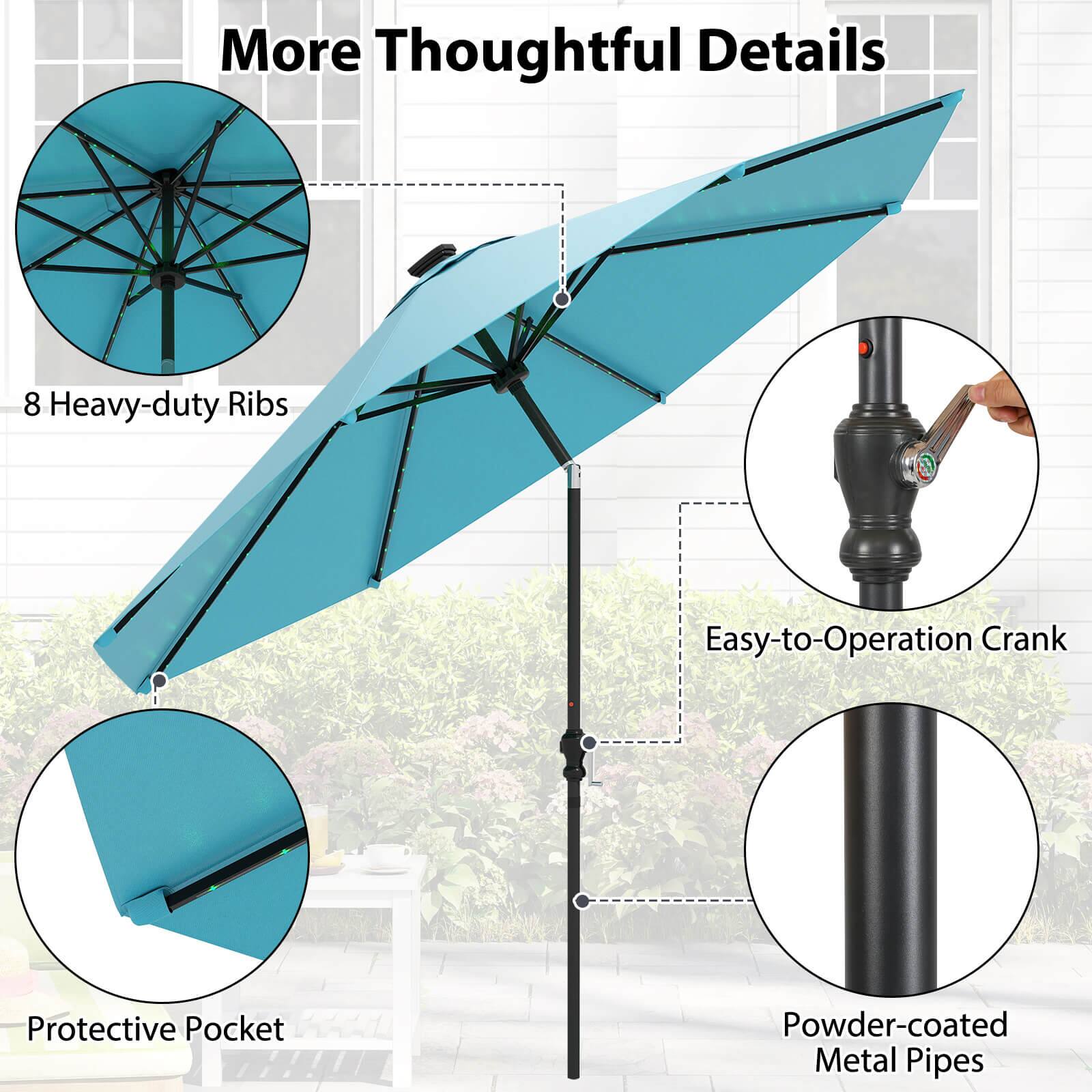 More Thoughtful Details

- 8 Heavy-duty Ribs
- Easy-to-Operation Crank
- Protective Pocket
- Powder-coated Metal Pipes