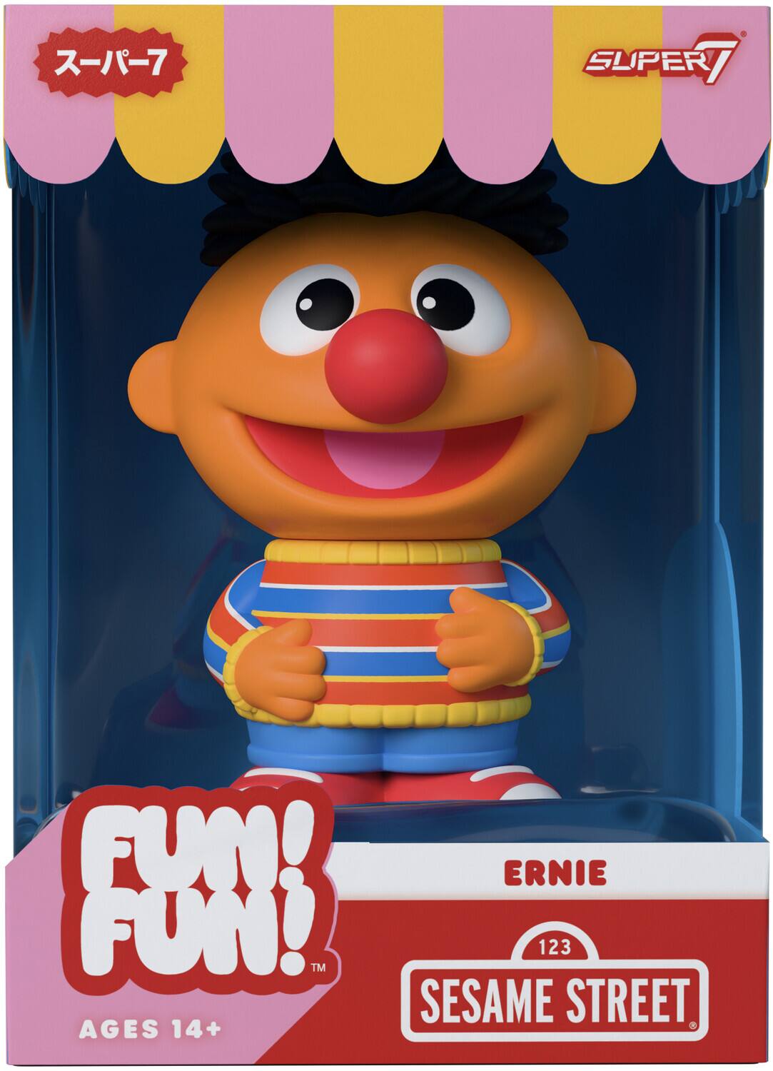 Sure, here is the corrected and grouped text from the image:

- スーパー7 (Super 7)
- FUN! FUN!™
- AGES 14+
- ERNIE
- 123 SESAME STREET®
- SUPER7