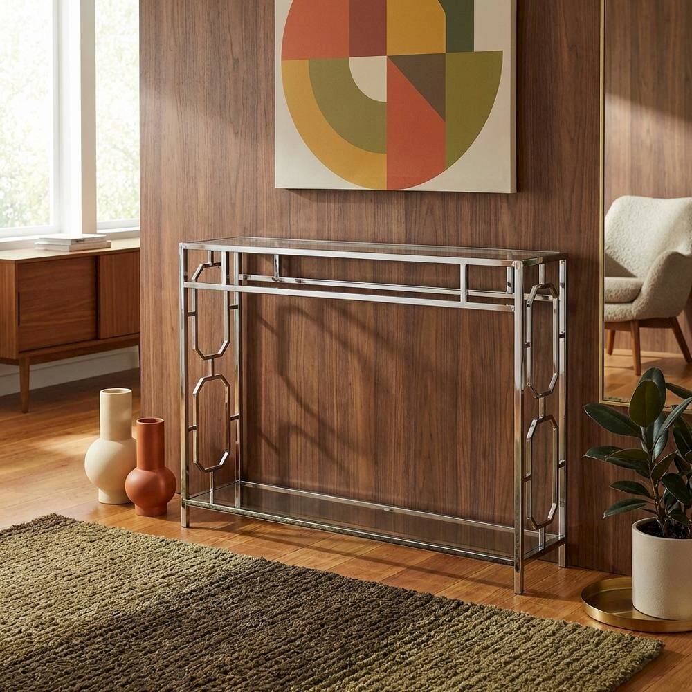 Alt View 1. FurniFact - Modern Chrome Console Table with Sleek Finish and Elegant Design - Clear Glass.
