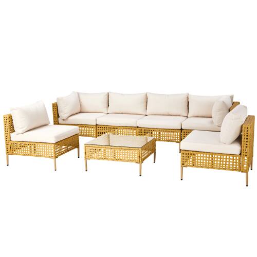 Alt View 1. Winado - 7PCS Patio Wicker Rattan Sectional Furniture Set with Cushions, Coffee Table for Indoor Outdoor Garden Backyard Poolside - Yellow & Beige Cushion.