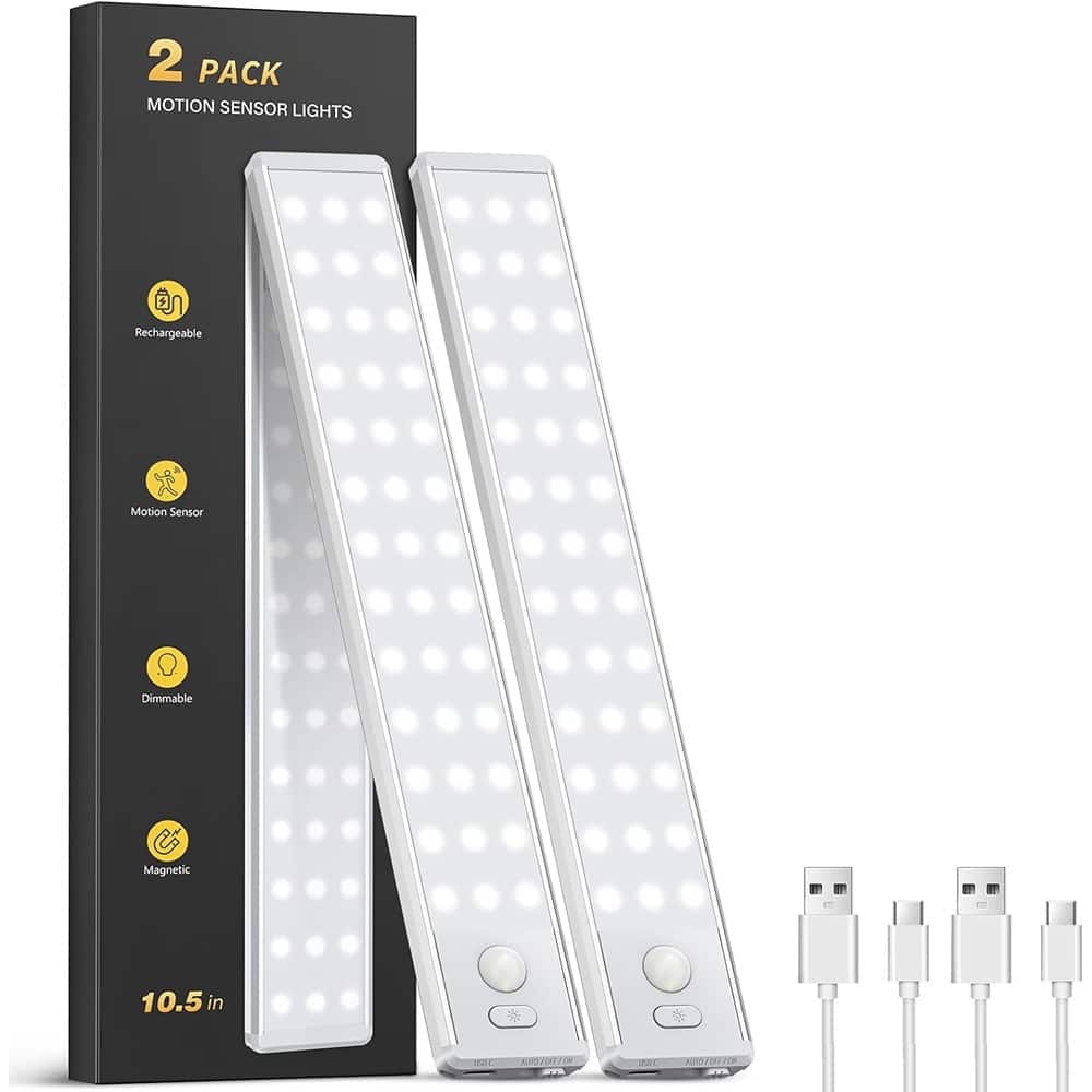 ACJPR - Under Cabinet Lighting 10.5" Motion Sensor LED Night Lights, Rechargeable, Magnetic, Dimmable, 2-Pack