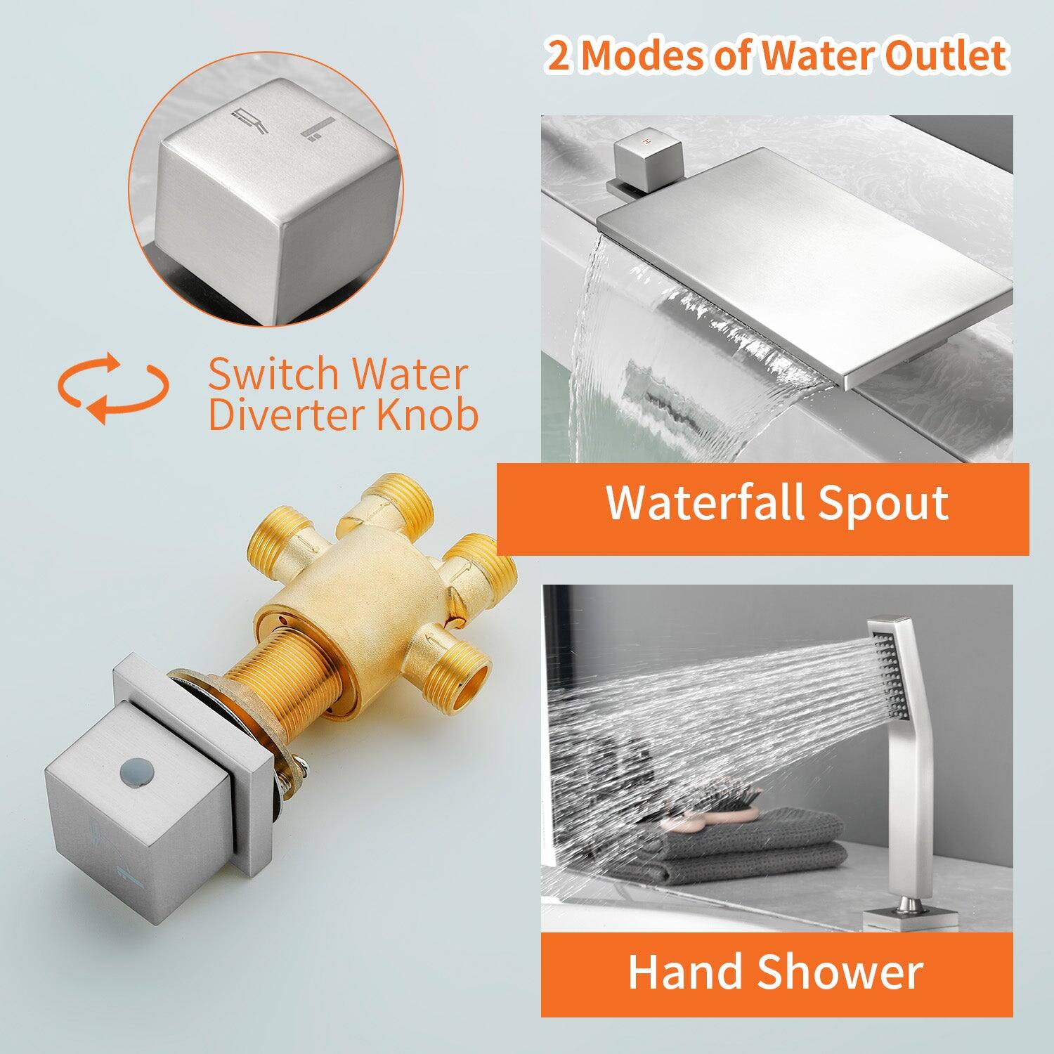 2 Modes of Water Outlet

Switch Water Diverter Knob

Waterfall Spout

Hand Shower