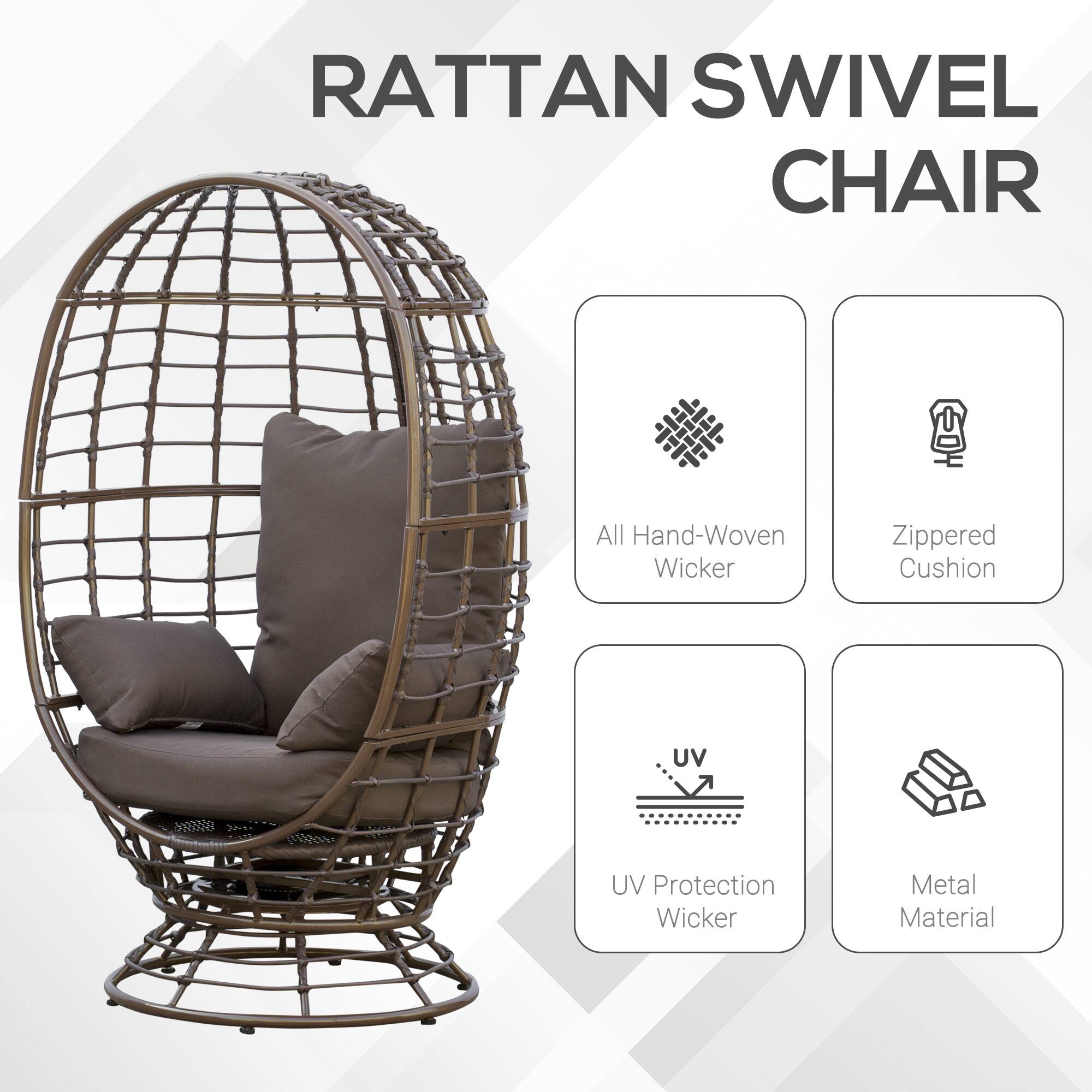 RATTAN SWIVEL CHAIR

- All Hand-Woven Wicker
- Zippered Cushion
- UV Protection Wicker
- Metal Material