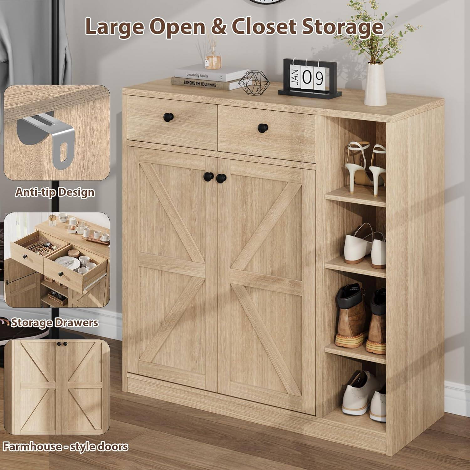 Large Open & Closet Storage

- Anti-tip Design
- Storage Drawers
- Farmhouse-style doors