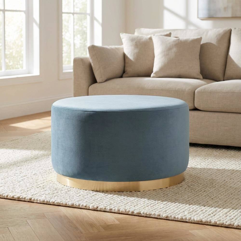 Left. Outdoor Escape - Velvet Upholstered Ottoman with Performance Finish for Outdoor Use - Blue.